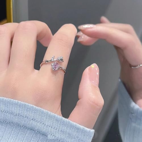 Adjustable Leaf Stackable Rings for Women Cubic Zirconia Stones Blue Leaves Purple Flower Open Band Stacking Finger Sliver Rings Fashion Plant Floral Aesthetic CZ Jewelry - color: rose flower