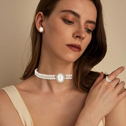 Pearl Jewelry Set for Women Faux Pearl Costume Jewelry Set with Necklace, Bracelets, Ring, Earrings for Wedding Bridal Birthday Tea Party - color: Milky White