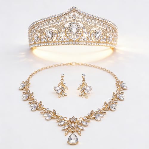 Princess Tiara Crown and Jewelry Sets for Women Wedding Rhinestone Crystal Tiaras and Crowns with Necklace Earrings Party Birthday Accessories - color: Gold White
