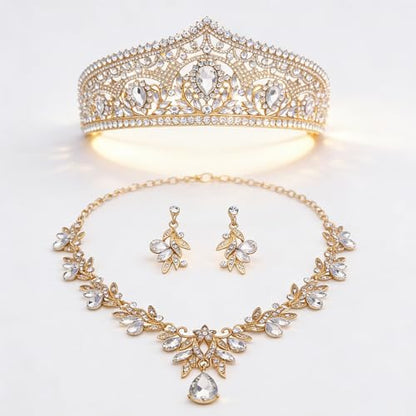 Princess Tiara Crown and Jewelry Sets for Women Wedding Rhinestone Crystal Tiaras and Crowns with Necklace Earrings Party Birthday Accessories - color: Gold White