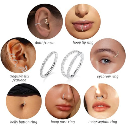 GAGABODY 2 Pcs Nose Rings 22G 20G 18G 16G 14G 12G 10G 8G Surgical Steel Piercing Rings for Nose Septum Cartilage Helix Tragus Conch Rook Daith Lobe from 5mm to 16mm Seamless Hoop Unisex Hinged Earrings - color: Silver-Single CZ+Double CZ