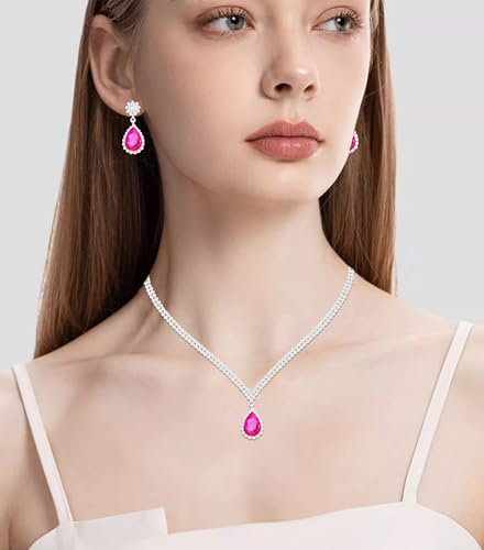 Elegant Silver Crystal Wedding Necklace Earrings Bracelet Jewelry Set for Women Brides Bridesmaids Prom Party Costume Accessory Bridal Jewelry - color: silver-hot pink