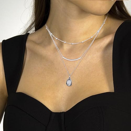 HUASAI Boho Necklaces for Women Dainty Layered Choker Necklace Bohemian Turquoise Necklace Statement Jewelry Western Cowgirl Country Concert Outfits Accessories - color: C Silver Layered Beaded Moonstone Necklace