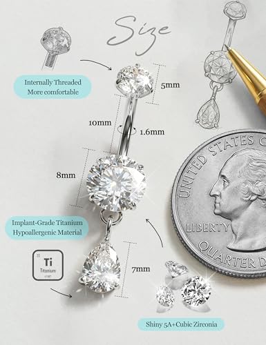 Tungary G23 Titanium Belly Button Rings for Women 14G Internally Threaded | Hypoallergenic Long Navel Piercing Jewelry, 3/8" Implant Grade Dangle Belly Button Piercing, 5A CZ, with Vacuum PVD Finish - color: Drop: Titanium Silver