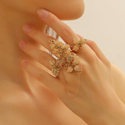 Rhinestone Finger Ring for Women Sparkly Crystal Butterfly Flower Leaf Adjustable Statement Chain Rings Punk Jewelry - color: gold flower