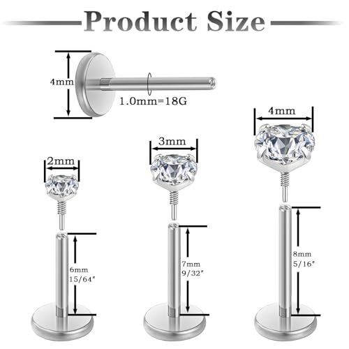 Gotumo 20G 18G 16G Flat Back Earrings Stud Nose Ring Titanium Internal Thread Tragus Labret Cartilage Lip Medusa Conch Body Piercing Jewelry Nose Stud Hypoallergenic for Women Men - color: Silver, size: 18G Bar-6/7/8mm & CZ-2/3/4mm