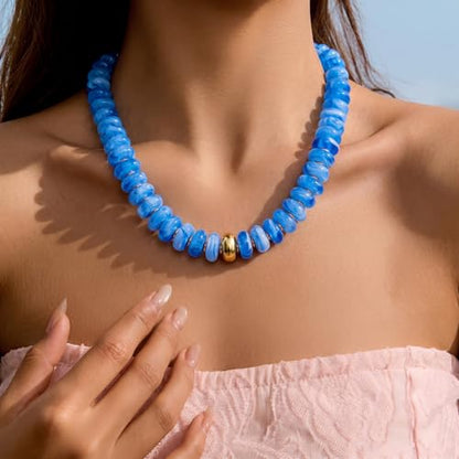 Chunky Colorful Choker Necklace for Women - Summer Beach Round Resin Beads Necklace, Trendy Statement Summer Beach Jewelry Birthday Gifts for Vacation Holiday - color: 18mm Lake Blue Bead