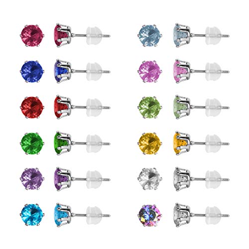 12 Pairs Stainless Steel CZ Stud Earrings for Women, Brilliant Cut Round Cubic Zirconia Stud Earrings, Birthstone Stud Earrings Set - size: 4MM