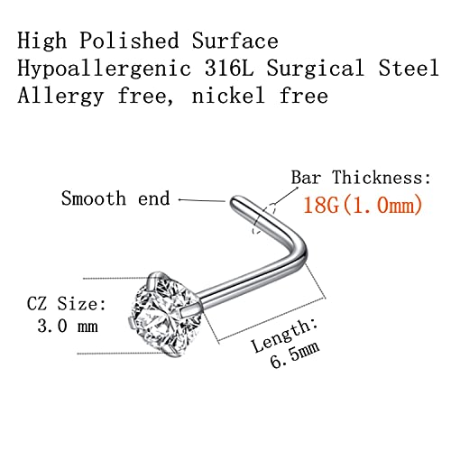 316L Surgical Steel 22g/20g/18g Nose Rings Studs L-Shape Nose Nostrial Piercing Body Jewerly L Shaped Nose Studs 1.5mm 2mm 2.5mm 3mm CZ Nose Screw Studs Rings for Women - style: 6pcs/L-shape/18g/3.0mm Clear CZ/Silver