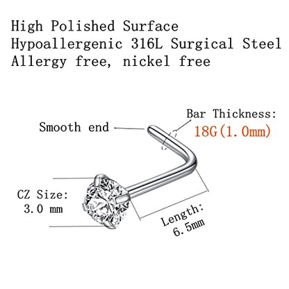 316L Surgical Steel 22g/20g/18g Nose Rings Studs L-Shape Nose Nostrial Piercing Body Jewerly L Shaped Nose Studs 1.5mm 2mm 2.5mm 3mm CZ Nose Screw Studs Rings for Women - style: 6pcs/L-shape/18g/3.0mm Clear CZ/Silver
