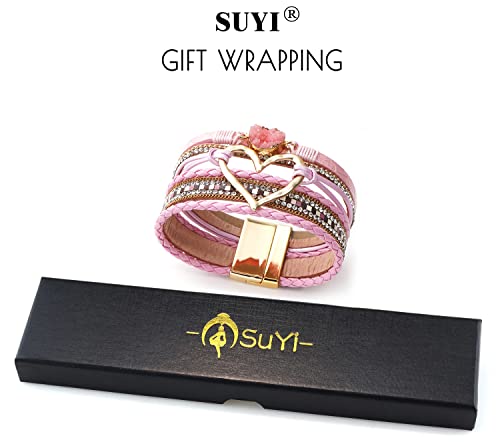 Suyi Multilayer Leather Wrap Bracelet Heart-Shape Wide Bracelets for Women - color: Pink