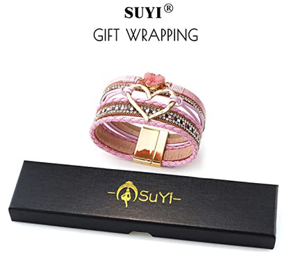 Suyi Multilayer Leather Wrap Bracelet Heart-Shape Wide Bracelets for Women - color: Pink