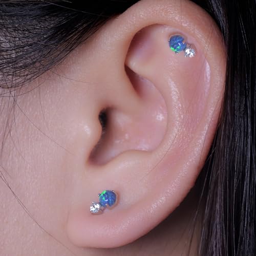 limerencia G23 Hypoallergenic 18g Flat Back Stud Earrings | F136 Implant Grade Titanium Pressfit Threadless Push Pop in Cartilage Helix Labret Lip Monroe Tragus Flat Back Piercing Studs - color: CZ + Green Opal