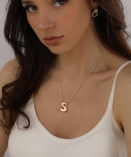 Bheop Initial Necklace for Women, Gold Silver A-Z Bubble Letter Necklace | Chunky Personalized Monogram Name Pendant, Cute Balloon Charm, Dainty Beaded Chain, Trendy Jewelry Gifts, Non Tarnish - color: Gold, style: S