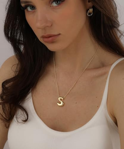 Bheop Initial Necklace for Women, Gold Silver A-Z Bubble Letter Necklace | Chunky Personalized Monogram Name Pendant, Cute Balloon Charm, Dainty Beaded Chain, Trendy Jewelry Gifts, Non Tarnish - color: Gold, style: S