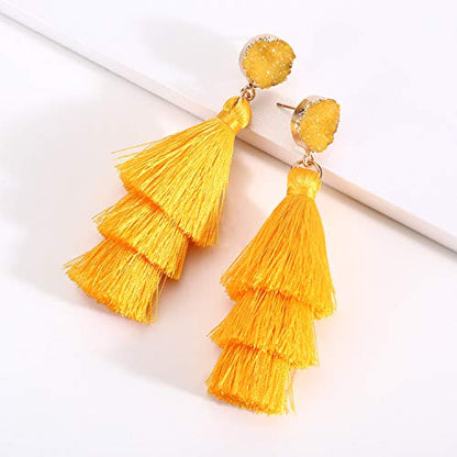 Bohemian Tiered Tassel Earrings with Druzy Stud for Women | Long Layered Fringe Drop Earrings, Statement Jewelry for Party Beach Festival - color: Yellow