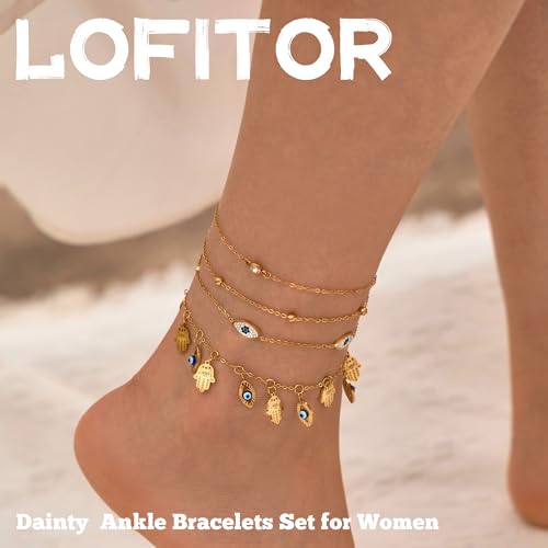 LOFITOR Anklets for Women Ankle Bracelet Charm Link Chain Set Foot | Waterproof Dainty Cz Evil Eye Beaded Anklets Adjustable Beach Foot Jewelry Feet Chains, Summer Beach Foot Jewelry Gifts - style: Evil-eye Gold