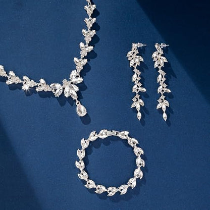 Paxuan Wedding Jewelry Sets for Bride Bridesmaid Bridal Jewelry Set for Women Wedding Crystal Necklace Earrings Bracelet Set for Party Prom Jewelry - color: White - Silver