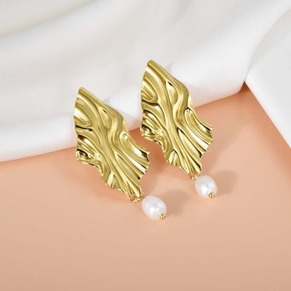 Large Geometric Drop Dangle Earrings for Women Pearl Teardrop Disc Rectangle Oval Fishtail Shell Shaped Textured Dangle Studs Earrings for Women - color: Gold-Pearl