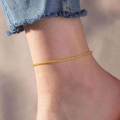 Gold Stainless Steel Anklet Chain for Women Adjustable Ankle Bracelet Fashionable Simple Design, Round mold chain - color: Gold+ Twist chain, size: 22+3cm