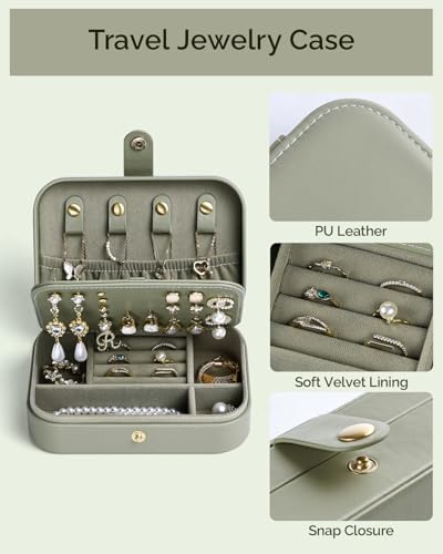 Jewelry Travel Case, Portable Travel Jewelry Box for Women, PU Leather, Snap Closure, Jewelry Holder Organizer Travel Essentials, Green - color: Green