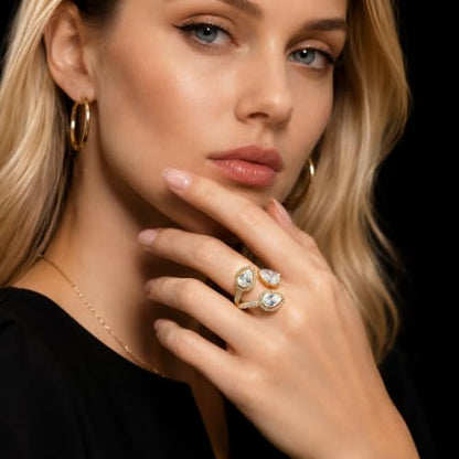 Aura & Irena 18K Gold Plated Pear-Shaped Cocktail Rings for Women, Non-Tarnish Adjustable Statement Ring with 3A Cubic Zirconia, Gift for Family Friend - color: Gold