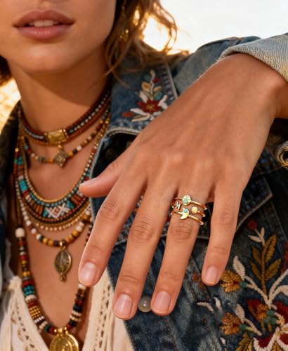 Todenb Turquoise Ring for Women，Gold Western Turquoise Open Ring Boho Stainless Steel Moon and Star Band Wrap Knuckle Rings Western Country Fashion Jewelry Accessories - color: moon