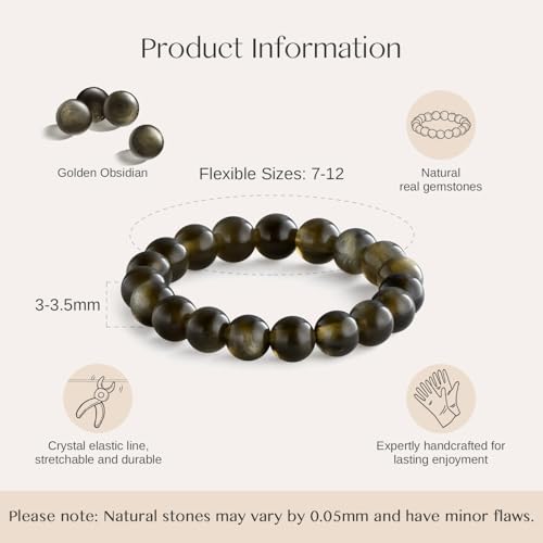 NLIEO Handmade Natural Gemstone Crystal Beaded Stretch Band Ring for Women | Handmade, 3mm Natural Stone, Size 7-12, Stretchy, Beaded Jewelry, Green Bead Rings, Trendy Jewelry Gift - style: Golden Obsidian