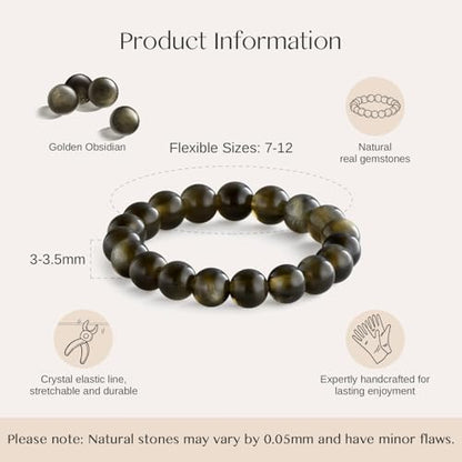 NLIEO Handmade Natural Gemstone Crystal Beaded Stretch Band Ring for Women | Handmade, 3mm Natural Stone, Size 7-12, Stretchy, Beaded Jewelry, Green Bead Rings, Trendy Jewelry Gift - style: Golden Obsidian