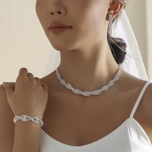 3PCS Silver Wedding Jewelry Set for Women Brides Rhinestone Necklace Earrings Bracelet Bridal Wedding Jewelry Sets for Bridesmaid Prom Costume Accessories Jewelry - color: 3#
