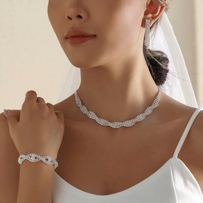 3PCS Silver Wedding Jewelry Set for Women Brides Rhinestone Necklace Earrings Bracelet Bridal Wedding Jewelry Sets for Bridesmaid Prom Costume Accessories Jewelry - color: 3#