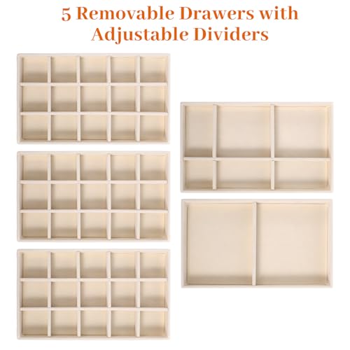 Acrylic Jewelry Box with 5 Drawers, Clear Case with Beige Velvet Lining, 9.25" x 5.31" x 6.7" Earring Organizer with Adjustable Dividers, Stackable Storage Display for Rings Necklaces Bracelets