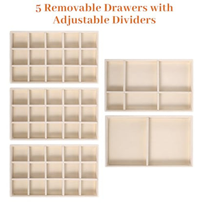 Acrylic Jewelry Box with 5 Drawers, Clear Case with Beige Velvet Lining, 9.25" x 5.31" x 6.7" Earring Organizer with Adjustable Dividers, Stackable Storage Display for Rings Necklaces Bracelets