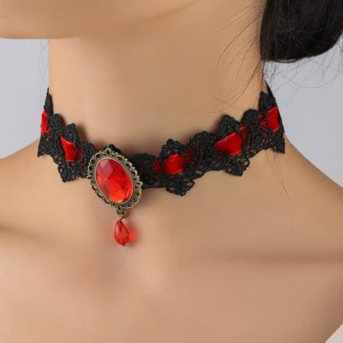 Qceasiy Gothic Black Necklace for Women, Adjustable Victorian Velvet Lace Collar, Halloween Party Cosplay Jewelry Gift - style: Red Gem Lace