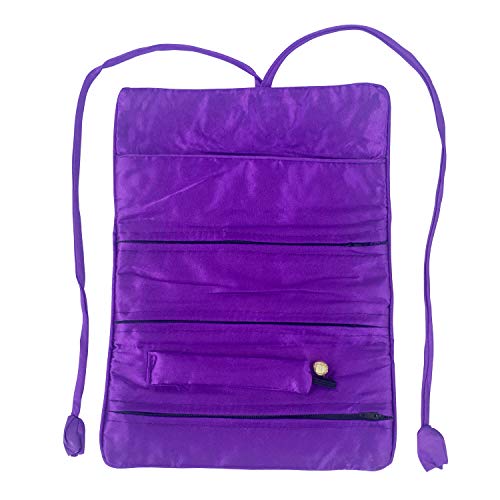 Travel Jewelry Roll Bag - Silk Embroidered Brocade Pouch for Rings, Necklaces, Earrings, Bracelets | Lightweight & Tie Closure (Dark Purple) - color: Dark Purple