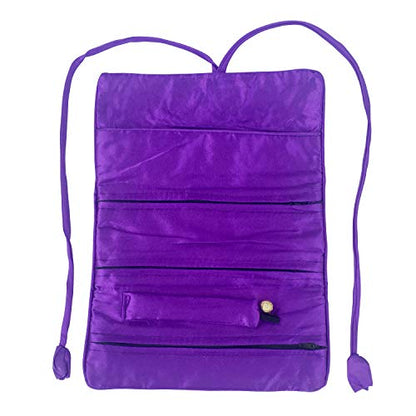 Travel Jewelry Roll Bag - Silk Embroidered Brocade Pouch for Rings, Necklaces, Earrings, Bracelets | Lightweight & Tie Closure (Dark Purple) - color: Dark Purple
