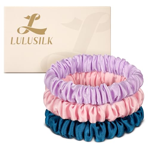 LULUSILK Small Silk Hair Ties No Damage, 100% Real Mulberry Silk, Skinny Scrunchies Ponytail Holders for Thin Fine Hair, Pink Peacock Blue and Lavender, Pack of 3 - color: Pink&Peacock Blue&Lavender