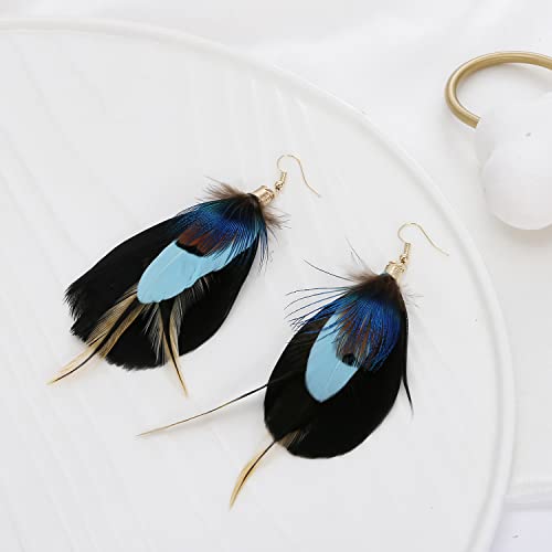 Bohemian Pheasant Peacock Long Feathers Statement Earrings Handmade Natural Lightweight Feather Dangle Earrings for Women (ea000071) - color: Short Black