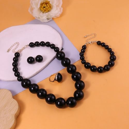 Prom Jewelry Set for Women Pearl Jewelry Sets Pearls Necklace Earrings Bracelet Ring Sets Faux Pearls Bridesmaid Bridal Wedding Prom Outfits Jewelry Sets - color: Black