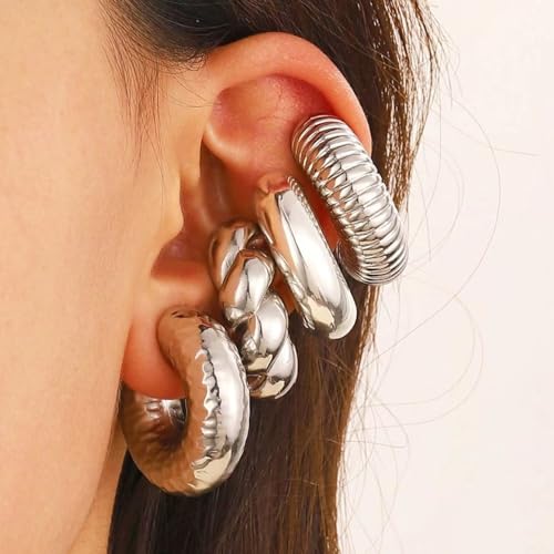 Chunky Gold Ear Cuffs Earrings for Women Non Piercing Gold Cuff Clip On Cartilage Hoop Earring Trendy Lightweight Thick Cuff Earrings for Women - color: silver1