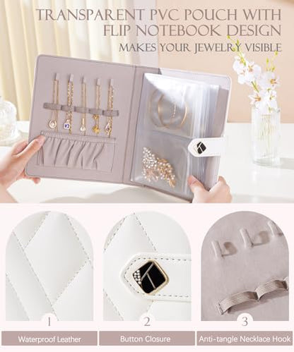 Homde Travel Jewelry Organizer for Women: 6 Pages with 18 Clear Pouches | 18 PVC Compartments for Rings Earrings Necklaces - Compact Book Case for Travel - Anti Tarnish Pockets with Snap Closure