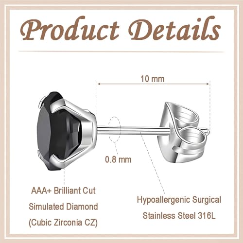 12 Pairs Stud Earrings Set, Hypoallergenic Surgical Stainless Steel 316L Earring for Women Men, Small Earring Studs Pack with Cubic Zirconia - color: Black-6 Sizes-3，4，5，6，7，8