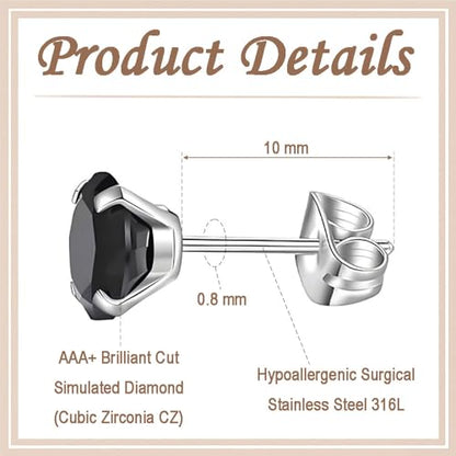 12 Pairs Stud Earrings Set, Hypoallergenic Surgical Stainless Steel 316L Earring for Women Men, Small Earring Studs Pack with Cubic Zirconia - color: Black-6 Sizes-3，4，5，6，7，8