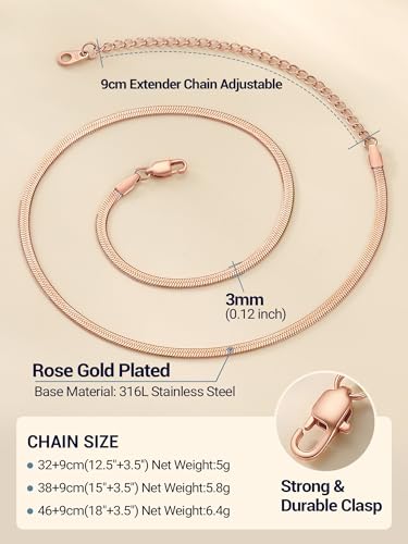 PROSTEEL 3mm/5mm Herringbone Choker Necklace for Women, 12.5"/15"/18", Stainless Steel/Sterling Silver Flat Snake Chain in Silver/Yellow Gold/Rose Gold/Black, Come with Box - color: 3mm-Rose Gold Plated, size: 18 Inch