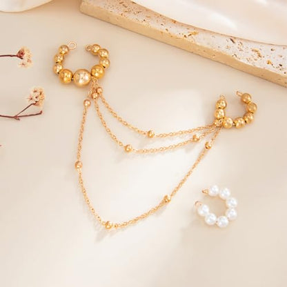 Multi Layer CCB Bead Chain Tassel Ear Cuff for Women Gold Tone Faux Pearl C Shaped Cartilage Clip On Huggie Earrings Lightweight Trendy Jewelry Gift