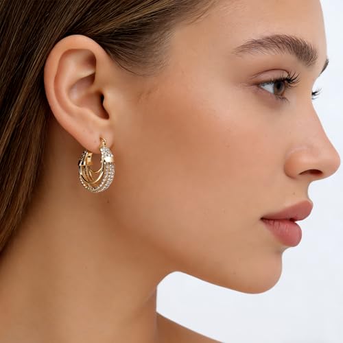 Sonateomber Gold Chunky Crystal Hoop Earrings for Women, Trendy Statement Sparkly CZ Rhinestone Thick Open Hoops Earings Hypoallergenic Wedding Prom Everyday Accessories Fashion Jewelry Gift - color: Gold Layered
