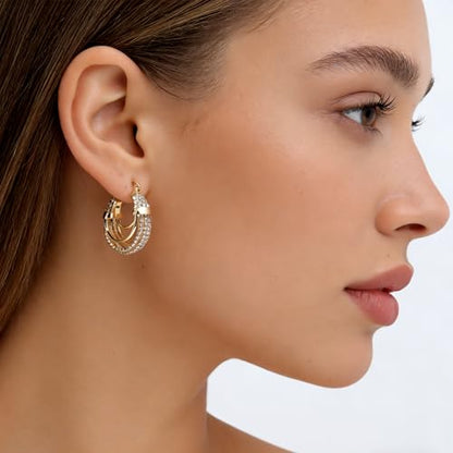 Sonateomber Gold Chunky Crystal Hoop Earrings for Women, Trendy Statement Sparkly CZ Rhinestone Thick Open Hoops Earings Hypoallergenic Wedding Prom Everyday Accessories Fashion Jewelry Gift - color: Gold Layered