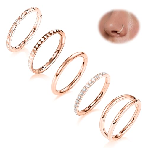 FUNLMO 3Pcs Nose Rings Double Hoop Nose Ring Conch Daith Tragus Helix Rook Piercing Jewelry Surgical Steel Cartilage Earring Conch Hoop Earring Septum Jewelry Lip Ring - color: Style 3: Rose gold,5pcs