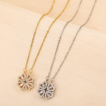 Four Leaf Clover Necklace Foldable for Women,925 Sterling SIlver Bling zircon stone Four Heart Grass Women's Necklaces Crocker ,Retro Magnetic Folding Love Heart Pendant One Style,Two Wearing Methods - color: Silver