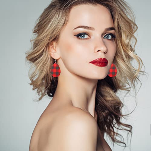 4 Pieces Faux Leather Earrings Necklace Bracelet Set 4 Pieces Christmas Plaid Stripe Jewelry Set Multi-Layer Leather Bracelet, Dangle Leather Earrings Necklace Glitter Jewelry Set for Women - color: black and red